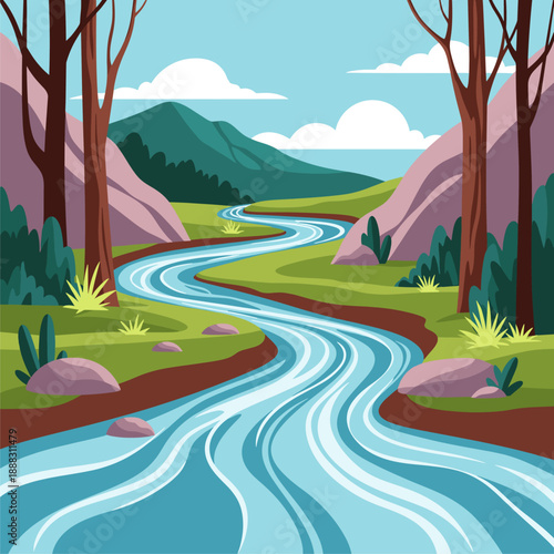 Serene River Valley Landscape Illustration