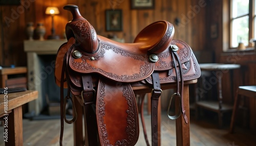 Ornate western saddle made of brown leather sits on display indoors. The detailed craftsmanship suggests heritage and tradition. This equestrian gear evokes a rustic country atmosphere.