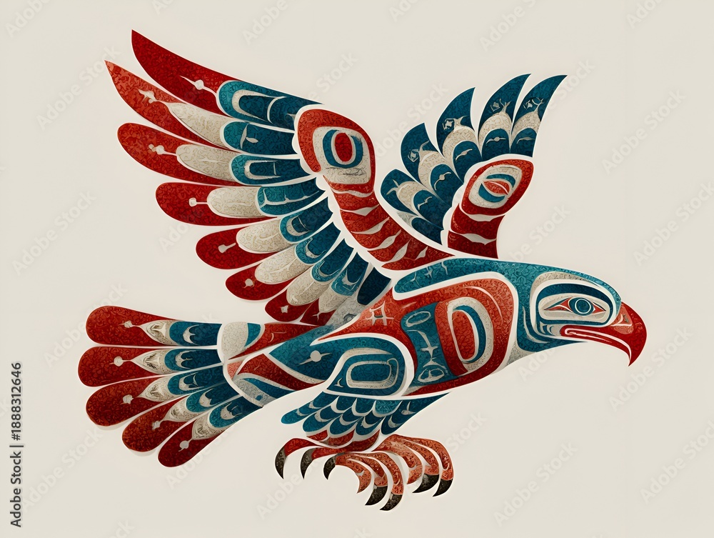 Obraz premium Indigenous tribal art of a majestic eagle in red and blue soars with outstretched wings, embodying freedom and power in its symbolic flight.