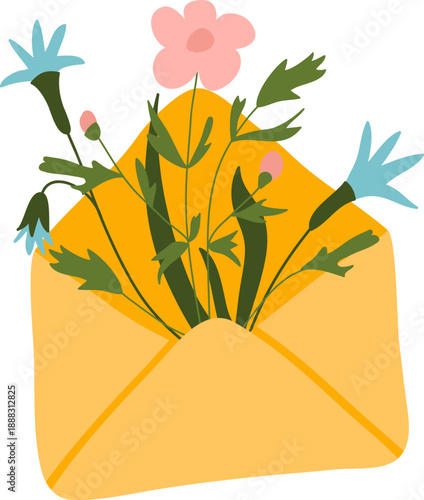 Envelope With Wildflower Bouquet Cartoon