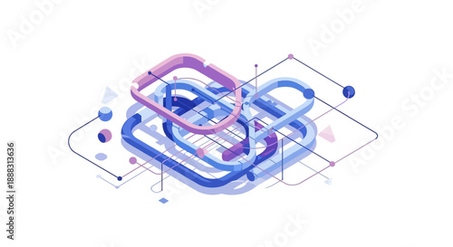 Isometric Abstract Network Connection Lines and Dots, Data Flow Concept on isolated white background