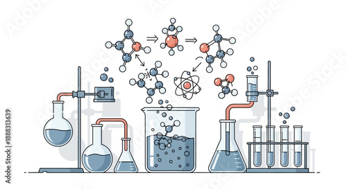 Chemistry Experiment with Glassware and Molecular Structures, Chemical Reaction in Laboratory on isolated white background
