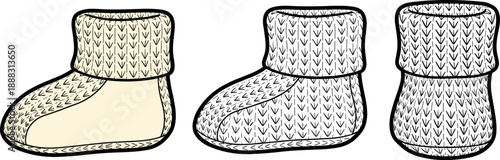 Knitted Baby Booties Vector Technical Sketch, Infant Winter Socks Flat Illustration