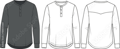 Long Sleeve Henley Shirt Vector Technical Sketch, Men's Button Placket Flat Fashion Illustration