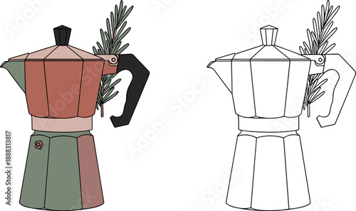Moka Pot Coffee Maker with Rosemary Branch, Flat Vector Illustration Set