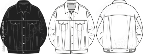 Oversized Denim Jacket Vector Technical Sketch, Front and Back View, Flat Fashion Illustration