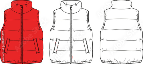 Puffer Vest Vector Technical Sketch, Red and Blank Quilted Gilet, Flat Fashion Illustration