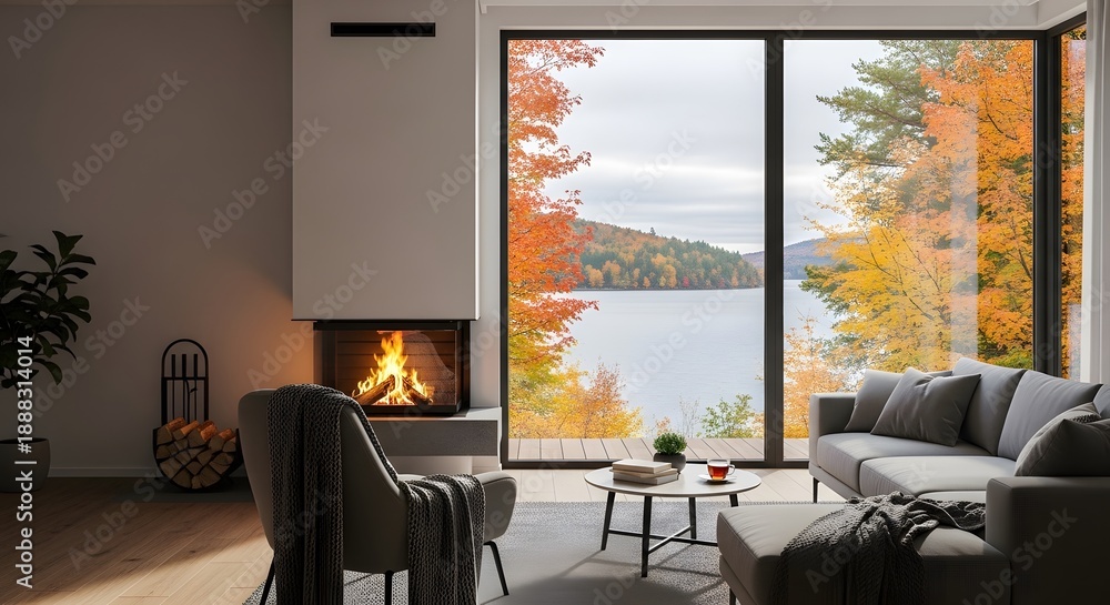 Fototapeta premium Interior scene with fireplace, modern furniture, and a large window framing autumn lake view