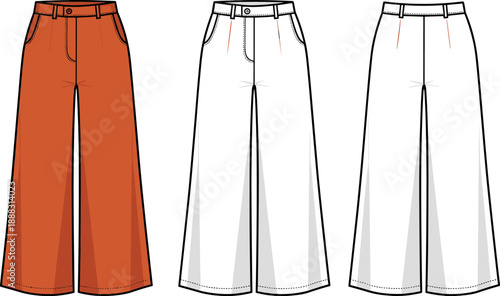 Women Wide Leg Trousers Flat Vector Illustration, Fashion Technical Sketch High Waisted Pants