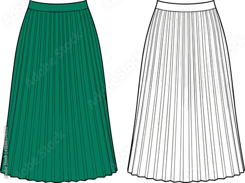 Women Pleated Midi Skirt Flat Vector Illustration, Fashion Technical Sketch CAD Mockup