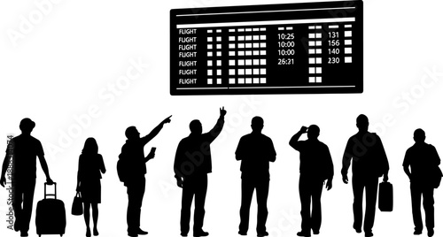 Airport travelers silhouette vector set, passengers standing with luggage under flight board, checking departure schedule, tourists waiting for plane, travel holiday concept illustration.