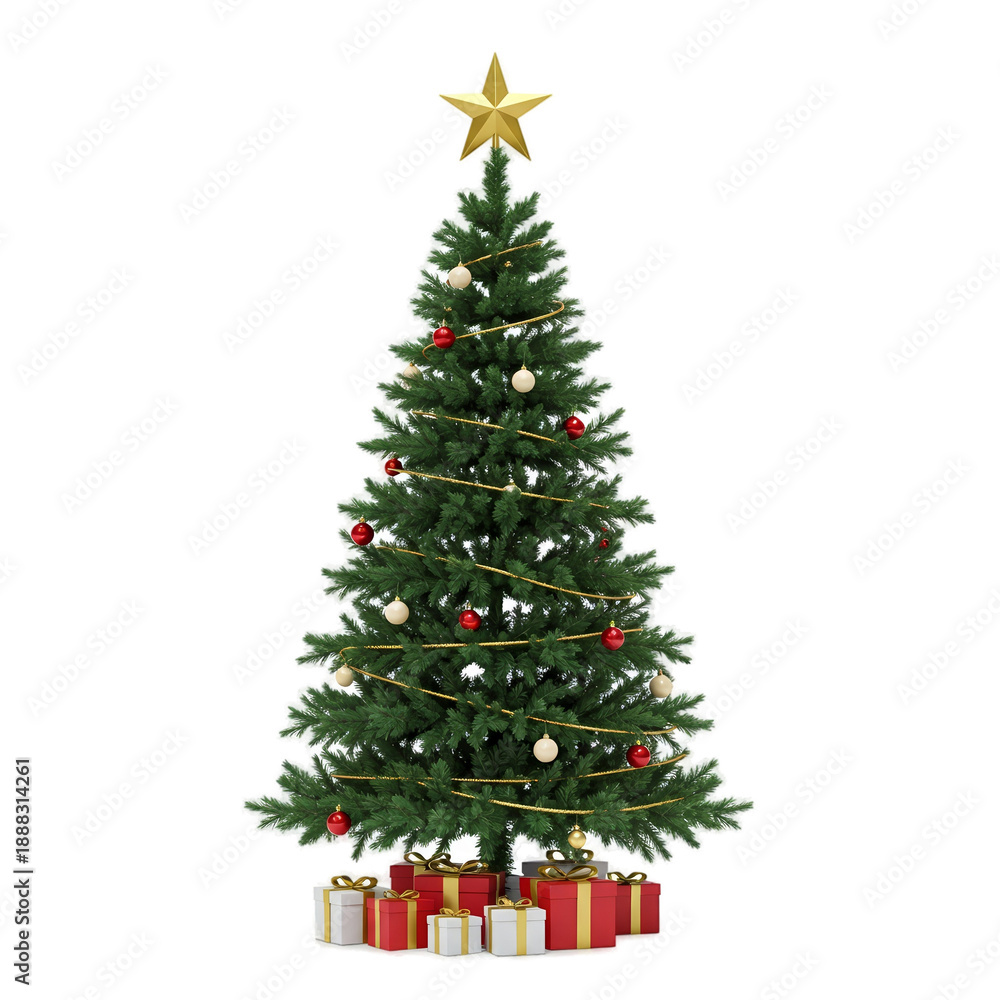 Fototapeta premium Realistic Christmas Tree With Golden Star Lights Gifts And Ornaments