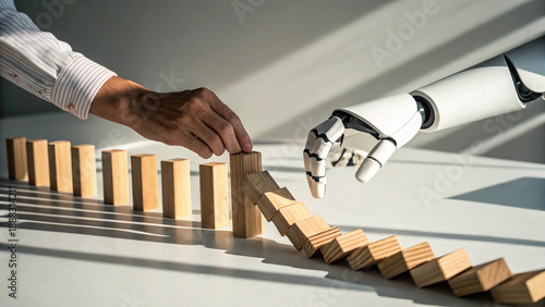 A human hand and a robotic arm collaborate to stop a falling line of wooden blocks, symbolizing the synergy between human intervention and artificial intelligence in risk management and problem-solvin