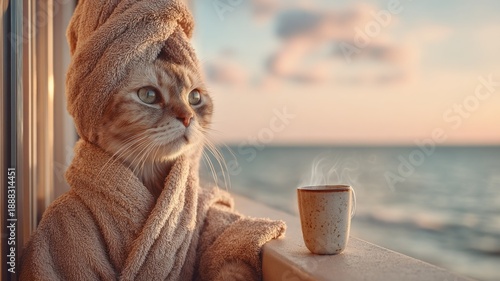 Cozy cat in bathrobe enjoying coffee on balcony with ocean view at sunset
