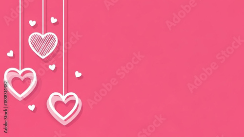 Valentine's Day Cute pink heart shapes hanging on strings, with a blank background for your romantic message or holiday design
