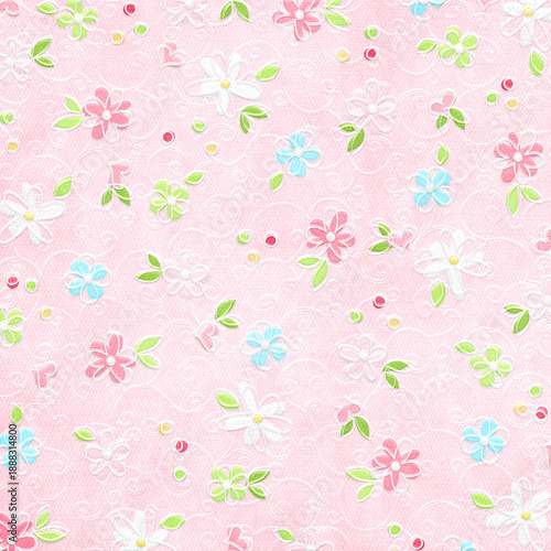 Seamless pastel floral pattern on soft pink textured background. Delicate flowers with ornamental swirls, perfect for romantic designs, fabric, and wrapping paper.
