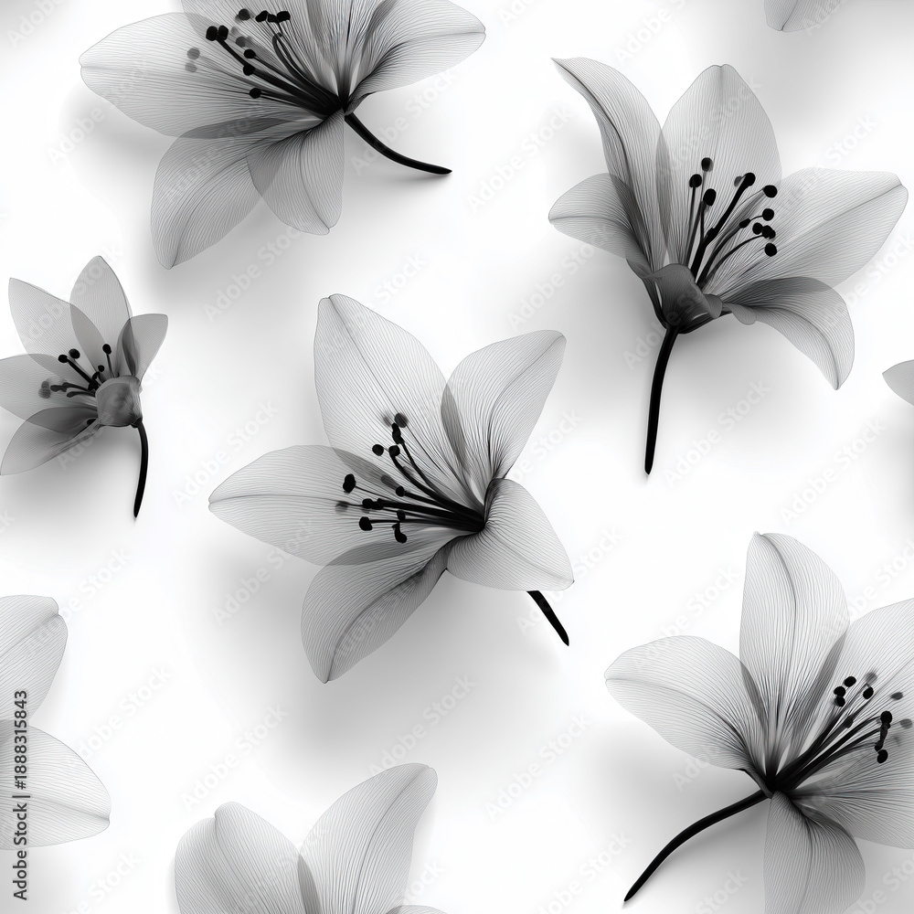 Obraz premium Seamless x-ray lily flower pattern in monochrome with soft shadowed radiography effect