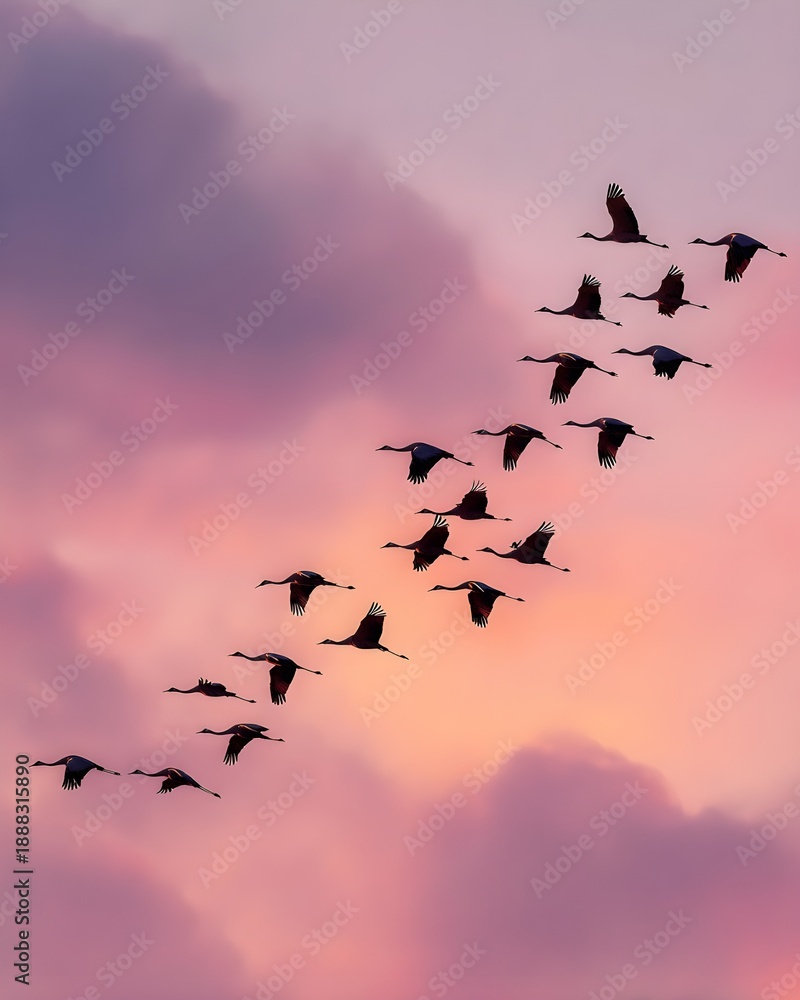 Obraz premium Flock Of Migrating Cranes In Perfect V Formation Against Sky Wildlife Nature Bird Photography Flight