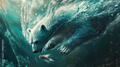 Majestic polar bear diving underwater, chasing fish in a vibrant underwater world.