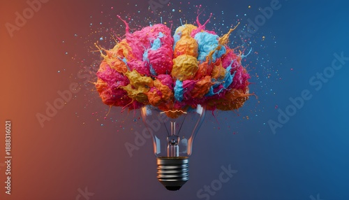 Vibrant brain splatter inside a light bulb, symbolizing creativity and innovative ideas, set against a gradient blue background, viewed from a straightforward perspective