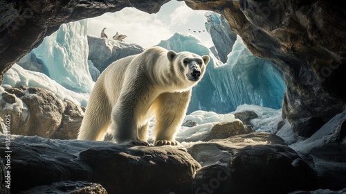 Majestic polar bear emerges from an icy cave, surrounded by arctic landscape.