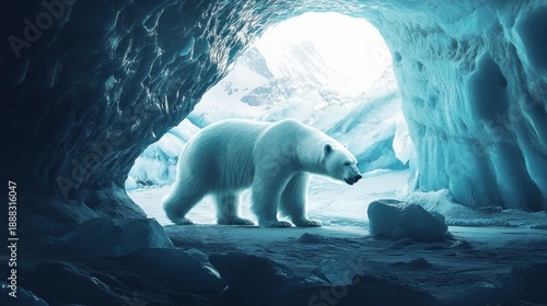 Majestic polar bear emerging from an icy cave in a snowy landscape.