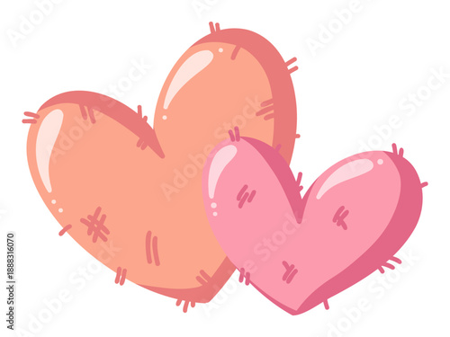 Cute pink and peach hearts with stitched details. Vector isolated cartoon illustration on white background