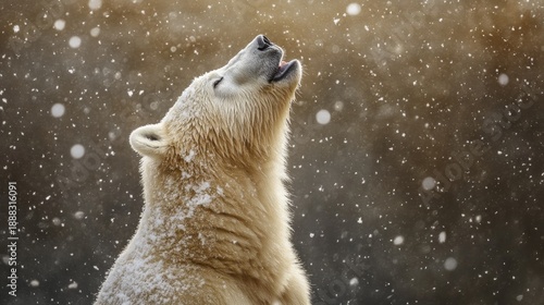 Majestic polar bear in a snowy landscape, looking upwards, mouth open, enjoying the snowfall.