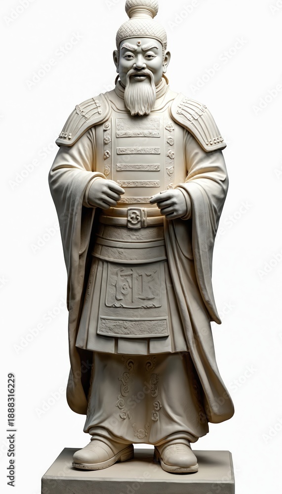 Obraz premium Stone statue of a bearded Chinese warrior in traditional armor stands on a white background. The figure holds a small object in its hands, looking stoic.