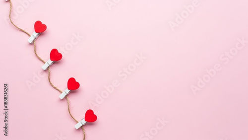 Valentine's Day red hearts strung along rustic twine with miniature wooden clips on a lovely pastel pink surface, ideal for romantic themes and declarations