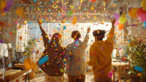 Three people celebrating in office with colorful confetti falling around, creating joyful and festive atmosphere