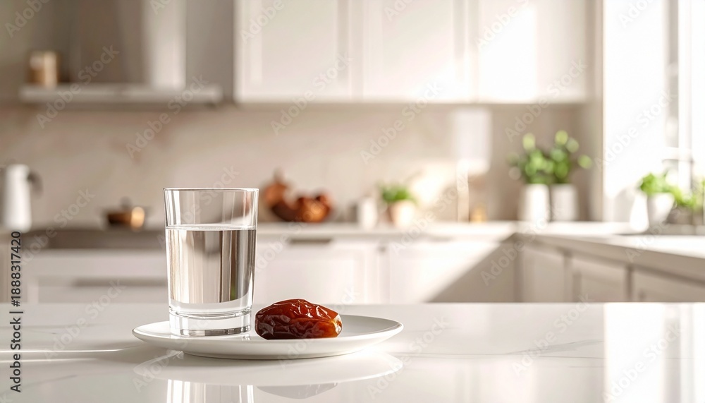 Obraz premium A glass of water and a date on a plate in a bright, modern kitchen setting