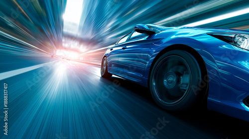 car driving in motion, blue car on high speed . Blue car rushing along a high-speed highway.banner