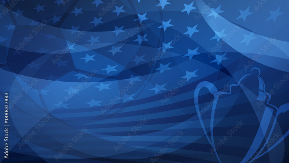 Obraz premium Blue USA flag background with soccer trophy, USA stars, stripes, abstract fluid shapes, soccer world cup theme.