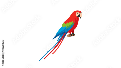 A sleek illustration of a Scarlet Macaw perched, showing its long red tail and vibrant red, yellow, and blue feathers.
