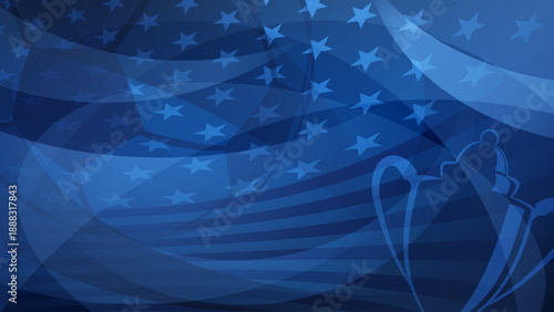 Blue USA flag background with soccer trophy, USA stars, stripes, abstract fluid shapes, soccer world cup theme.