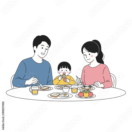 A cheerful family enjoys breakfast together at a round table, eating various foods.