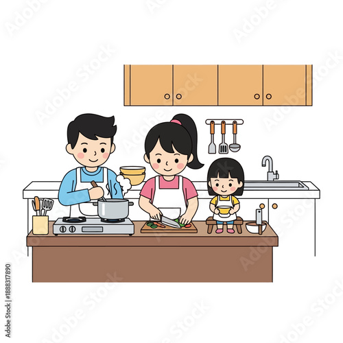 A cartoon family is cooking together in their bright and tidy kitchen, preparing a meal.