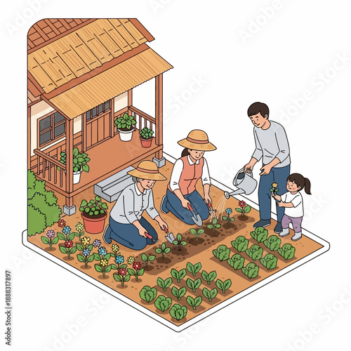Rural Asian family gardening together in front of their house, semi-isometric vector illustration, white background, no text