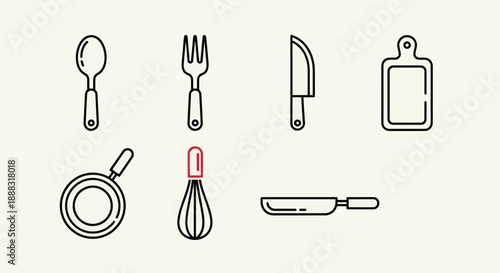 Kitchen utensils icon set spoon fork knife cutting board frying pans whisk