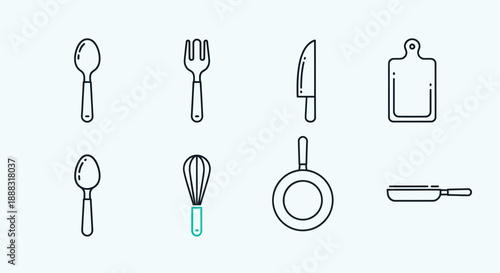 Kitchen utensils illustration spoon fork knife cutting board frying pan
