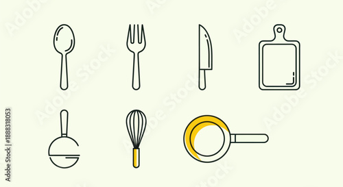 Kitchen utensils set of outlines on a light background for various uses