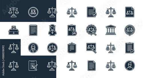Legal icons collection justice scales documents lawyer silhouettes set