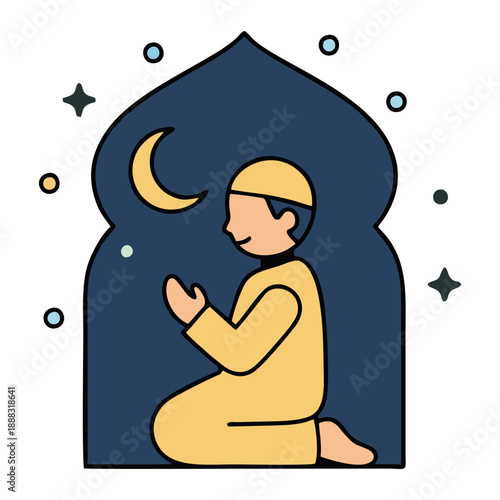 Muslim Man Praying Under Crescent Moon.