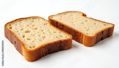 Two slices of fresh artisan bread sit on a clean white background. The bread has a golden brown crust and a soft, airy interior texture, showing its baked quality and natural grain.