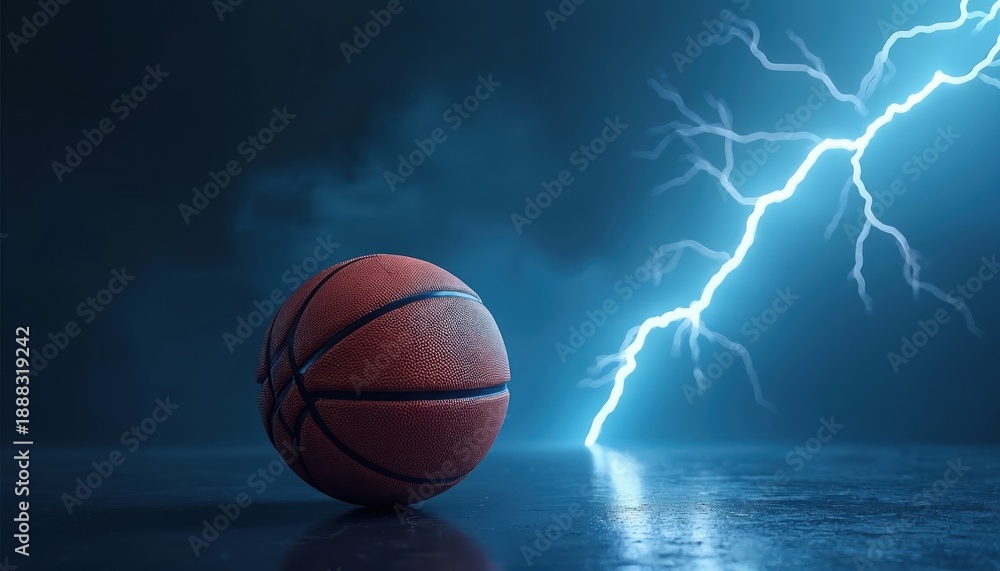 Fototapeta premium Basketball rests on dark floor. Bright lightning strikes behind ball. Misty blue background conveys dramatic sports energy. Intense game power concept.