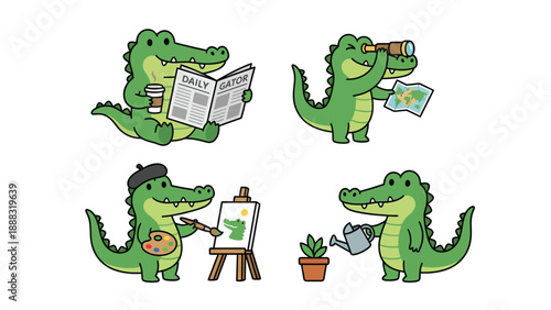 Adorable Cartoon Crocodile Character Set: Daily Activities & Hobbies - Reading, Exploring, Painting, Gardening Vector