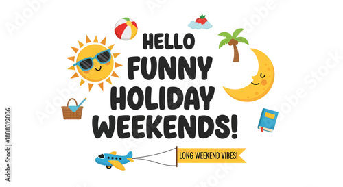 Cheerful cartoon elements creating a playful composition announcing holiday weekends