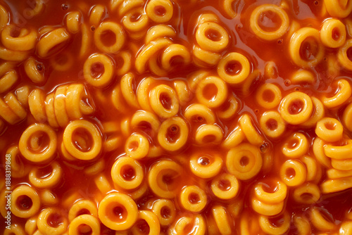 A top down view of a bowl of o-shaped pasta in tomato sauce.