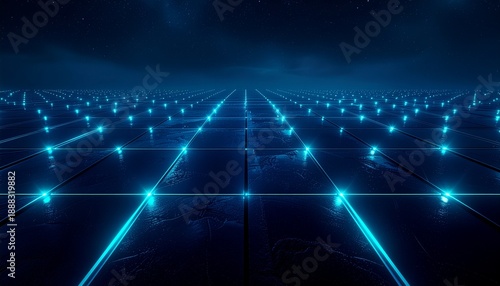 Futuristic grid with glowing blue lights and dots in a dark environment.